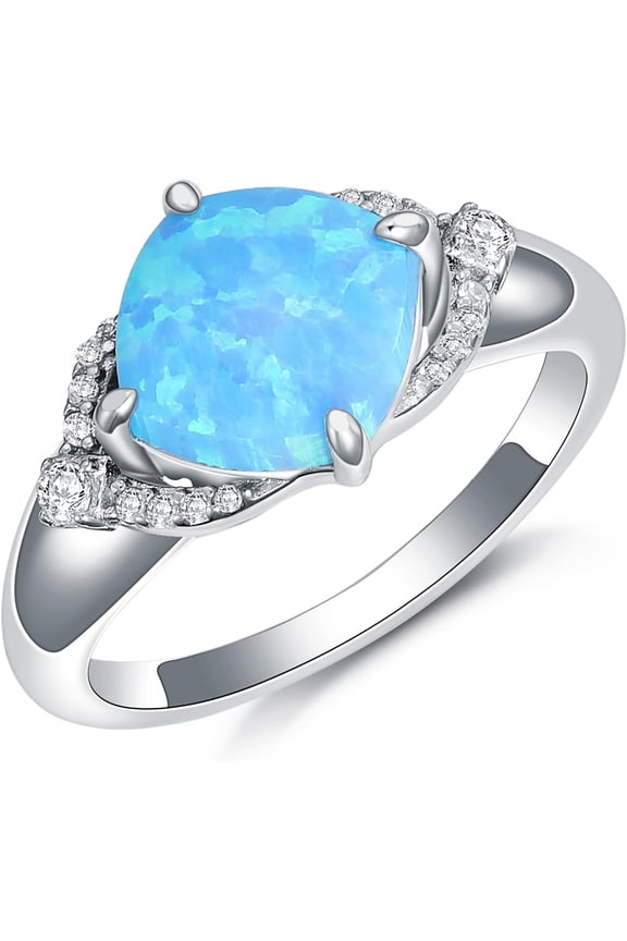 925 Sterling Silver Cushion-Cut Opal Ring with Zircon Blue Opal Statement-rings Jewelry Gifts for Women Her(Ring Size 5-9)