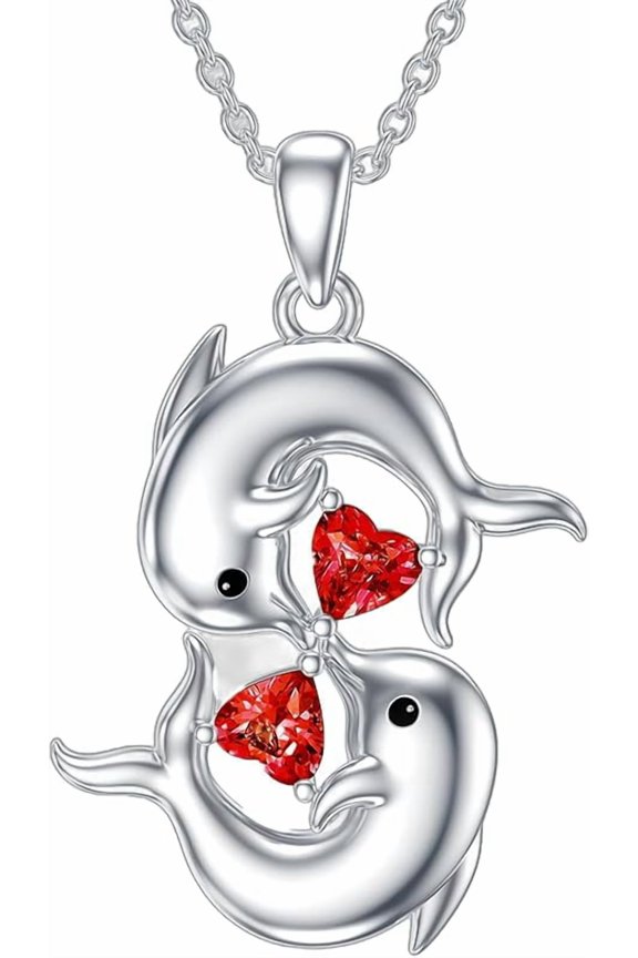 925 Sterling Silver Double Dolphin Birthstone Necklace for Women Heart Crystal Gemstone Birthstone Pendant for Her