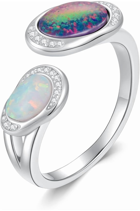 925 Sterling Silver Double Stone Opal Adjustable Ring for Women