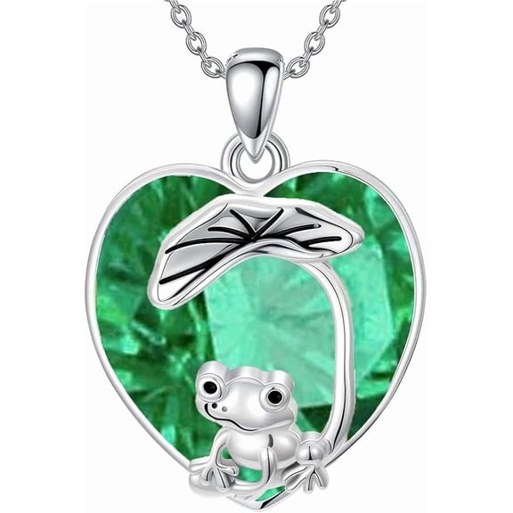 DVEATR 925 Sterling Silver Frog Necklace for Women Frogs Pendant Heart Crystal Green Birthstone Jewelry for Her