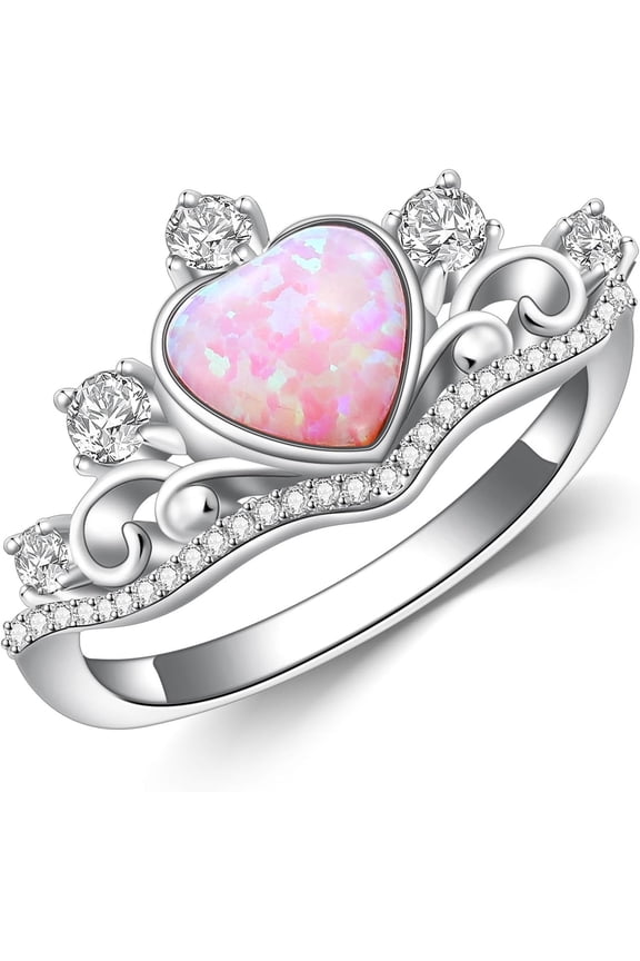 925 Sterling Silver Heart-Shaped Pink Cat's Eye Stone Ring Zircon Crown Shape Statement Ring Cat's Eye Jewelry Birthday Gift for Women (Ring Size 5-9)