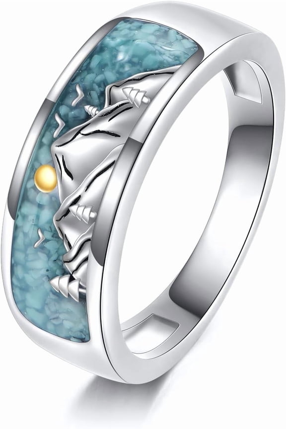 925 Sterling Silver Mountain/Sunflower/Paw Print Rings Created Turquoise Band Ring Nature Jewelry Gifts For Women Men Christmas Birthday