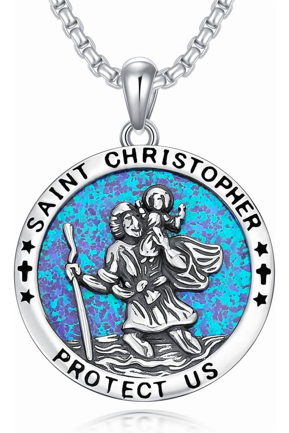 925 Sterling Silver Multi-Saint Catholic Medal Pendant Necklace with Blue Opal - St. Michael, Christopher, Jude, Joseph, Francis, Raphael, Virgin Mary - Religious Jewelry Gift for Men & Women