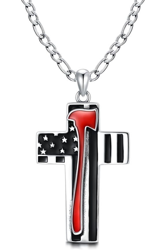 925 Sterling Silver Thin Red Line Cross Necklace Fire Axe American Flag Cross Pendant with 3mm Figaro Chain Independence Day Patriotic Jewelry Gifts for Firefighter Men Women