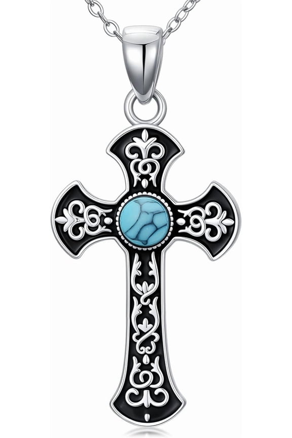 925 Sterling Silver Turquoise Exquisite Cross Pendant Necklace Boho Style Jewelry Gifts for Women Mother