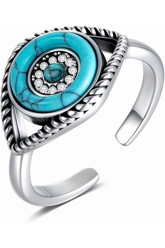 925 Sterling Silver Turquoise Exquisite Evil Eye Ring with CZ Boho Style Adjustable Rings Jewelry Gifts for Women Mother