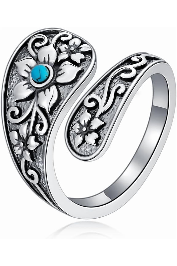 925 Sterling Silver Turquoise Exquisite Oxidized Spoon Ring Boho Style Adjustable Rings Jewelry Gifts for Women Mother