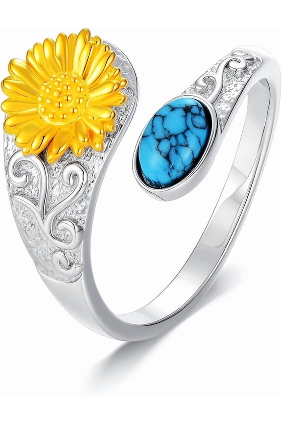 925 Sterling Silver Turquoise Exquisite Oxidized Spoon Ring Boho Style Adjustable Rings Jewelry Gifts for Women Mother