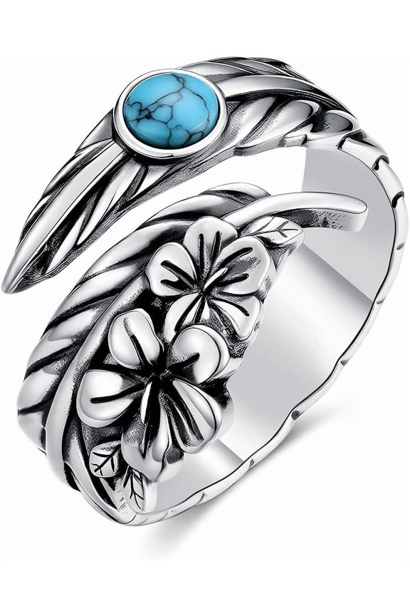 925 Sterling Silver Turquoise Exquisite Oxidized Spoon Ring Boho Style Adjustable Rings Jewelry Gifts for Women Mother