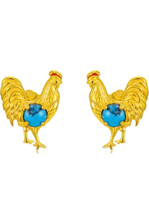 925 Sterling Silver Turquoise Exquisite Rooster Stud Earrings Boho Style Chicken Earrings Jewelry Gifts for Women Mother