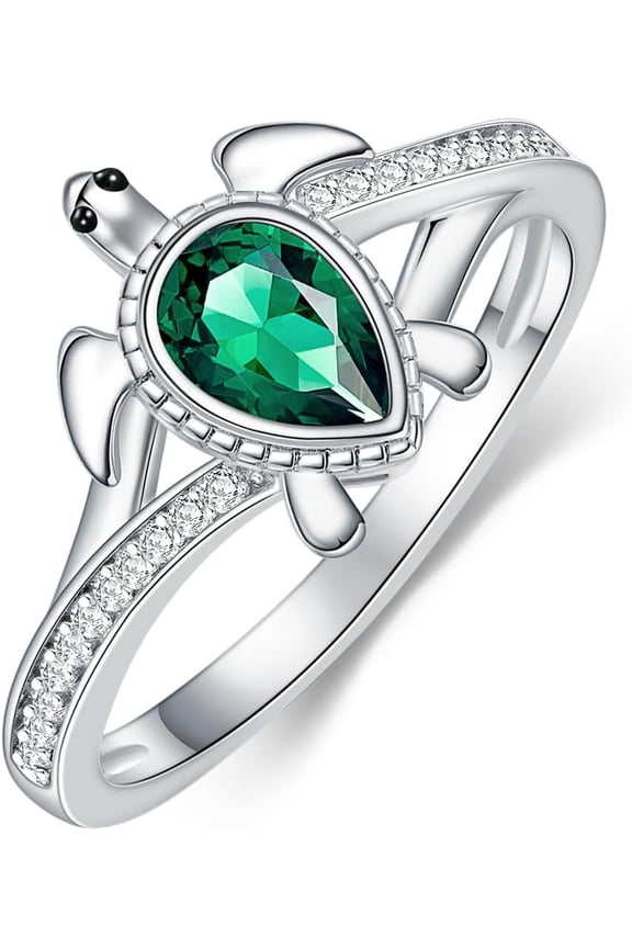 925 Sterling Silver Turtle Ring 6X4mm Pear-Shaped Birthstone Statement Ring for Women, 6, Gemstone, Emerald