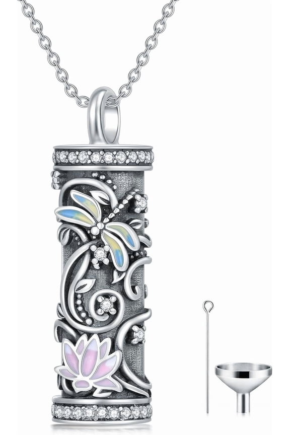 925 Sterling Silver Urn Necklace for Ashes, Cross/Sunflower/Dragonfly/Teardrop/Sea Turtle Locket Memorial Necklaces Keepsake Cremation Jewelry with Filling Tool for Animal Human Ashes