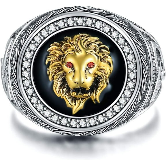 DVEATR Animal Kingdom The King Lion Head Ring, 925 Sterling Silver Men Lion Rock Ring Gift for Men Father Friend