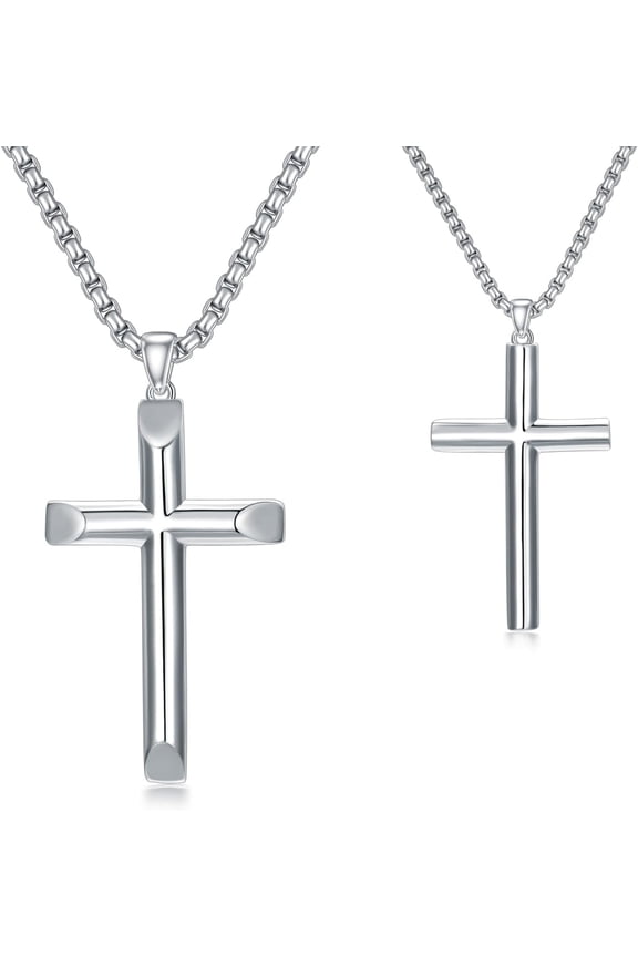 Beveled Edge Cross Necklace 925 Sterling Silver Plain Jesus Cross Pendant with 22+2" Chain High Polished Christian Jewelry Gift