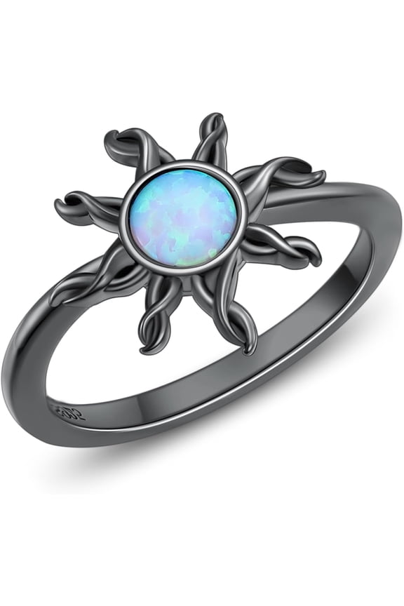 Black Opal Rings,Dainty Daisy Sun Sunflower Sunshine Ring Sterling Silver Men Women Opal Engagement Promise Ring Opal Ring Jewelry Gift for Hers Him Ring Size 5-9-1