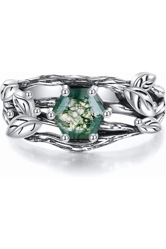 Black Oxidized Branch Rectangular/Hexagonal/Kite/Pear-Shaped Moss Agate Ring for Women, 925 Sterling Silver Vintage Green Stone Engagement Ring with Vine Leaf Design, Suitable for Wife