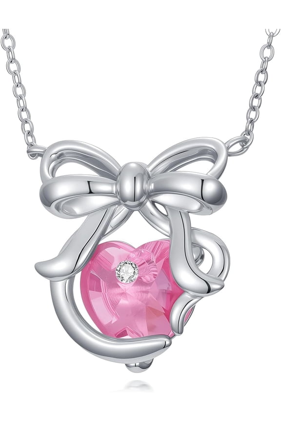 Bow Necklace Sliver Bow Heart Necklaces for Women Bowknot Necklace with Pink Heart Crystal Jewelry Gift