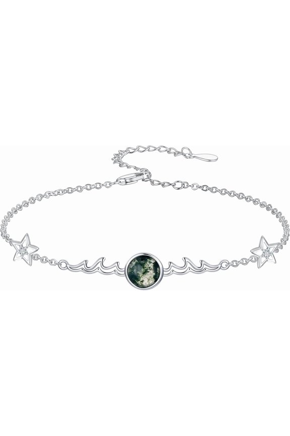 Bracelets for Women 925 Sterling Silver Natural Moss Agate Bracelet Dainty Green Gemstone Link Bracelet Adjustable Moss Agate Jewelry Anniversary Birthday Christmas Gifts for Women