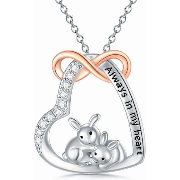 DVEATR Bunny Rabbit Necklace Two Rabbits Heart Pendant Necklace 925 Sterling Silver Gift for Mom Women