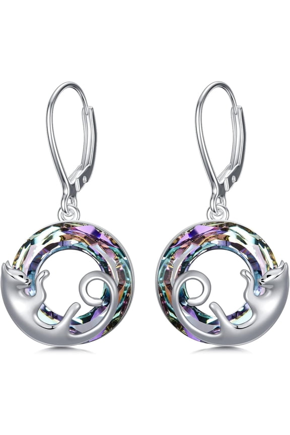 Cat Earrings Sterling Silver Dangle Drop Leverback Earrings with Color-change Circle Crystal, Cat Jewelry Gifts for Cat Lovers