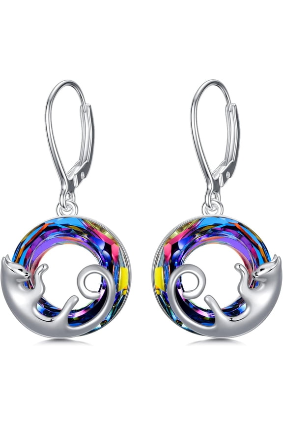 Cat Earrings Sterling Silver Dangle Drop Leverback Earrings with Color-change Circle Crystal, Cat Jewelry Gifts for Cat Lovers