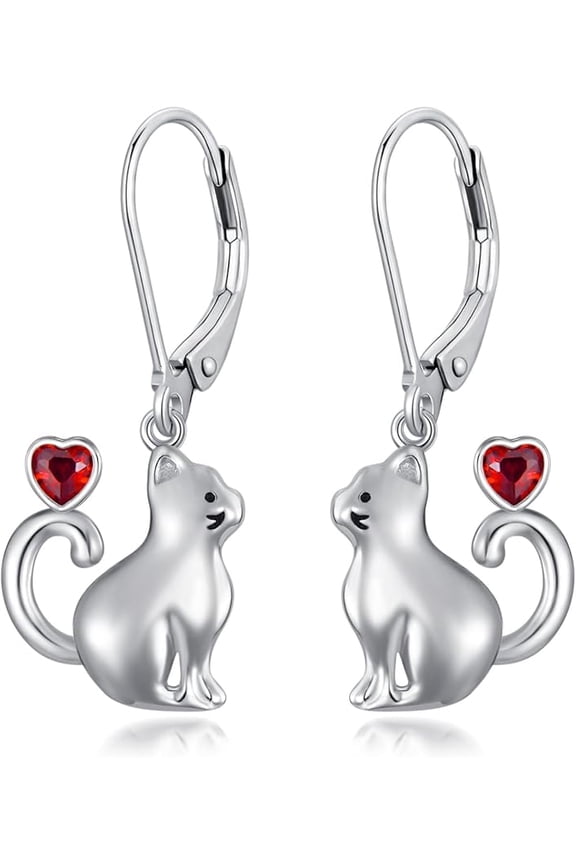 Cat Earrings for Women 925 Sterling Silver Cute Cat with Red Heart Dangle Earrings