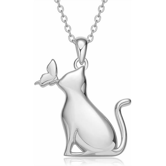 DVEATR Cat Necklace with Butterfly 925 Sterling Silver Cat Pendant Necklace Gift for Women