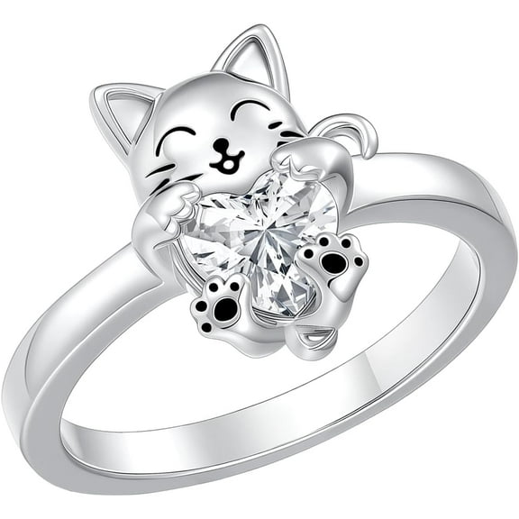 DVEATR Cat Ring Sterling Silver Cat Ring with Cubic Zirconia Gift for Women