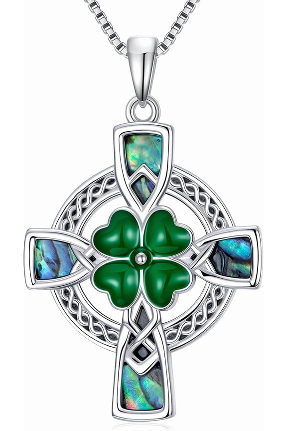 Celtic Cross Necklace for Men Women 925 Sterling Silver Good Luck Clover Necklaces Religious Protective Blue Opal/Abalone Celtic Cross Pendant Necklace Gifts for Her Him