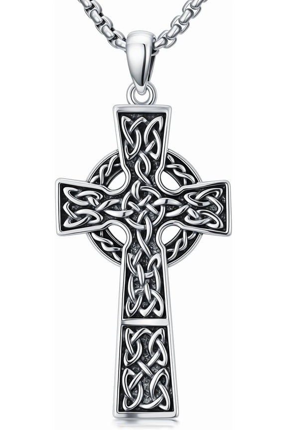 Celtic Cross Necklace for Men 925 Sterling Silver Irish Celtic Knot Cross Pendant Necklaces Jewelry, w/Stainless Steel Chain 22'' + 2''