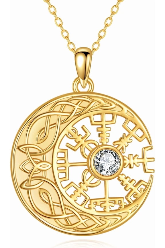 Celtic Knot Moon Necklace for Women, 925 Sterling Silver Moissanite Viking Compass Necklace，Runes Vegvisir Pendant Necklace, Anniversary Birthday for Wife Mom Girlfriend, 18+2 Inch