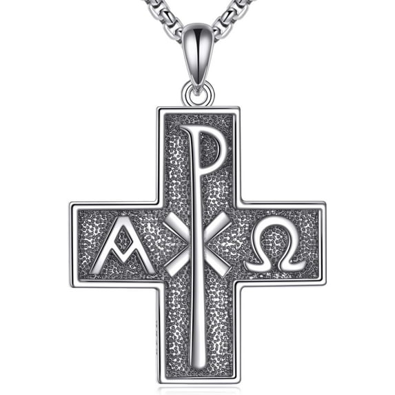 DVEATR Chi Rho Cross Necklace 925 Sterling Silver Alpha Omega PX XP Symbol Cross Pendant Religious Jesus Christian Jewelry, w/Stainless Steel Chain 22"+2"