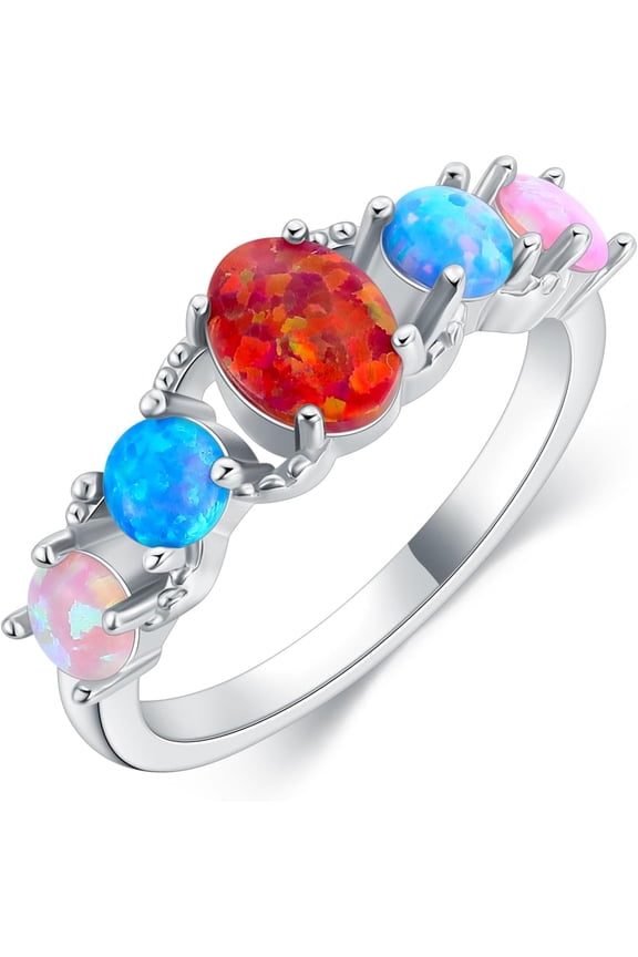 Colorful Opal Rings,Red Opal Promise Engagement Ring for Women, Silver Women Opal Rings,Blue Opal Engagement Promise Bride Bridal Ring for Women Size 5-9-1