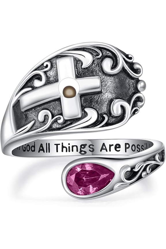 Cross Spoon Ring Mustard Seed Sterling Silver Vintage With God All Things are Possible Adjustable Faith Ring for Women with 12 Teardrop Birthstones