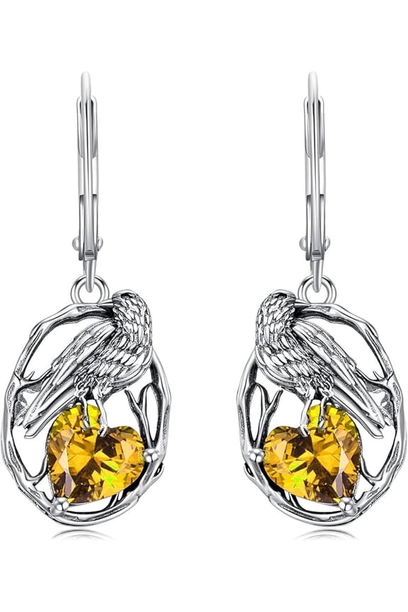 Crow Earrings for Women 925 Sterling Silver Raven with Heart Cut Birthstone Drop Dangle Earrings for Mother's Day Gifts