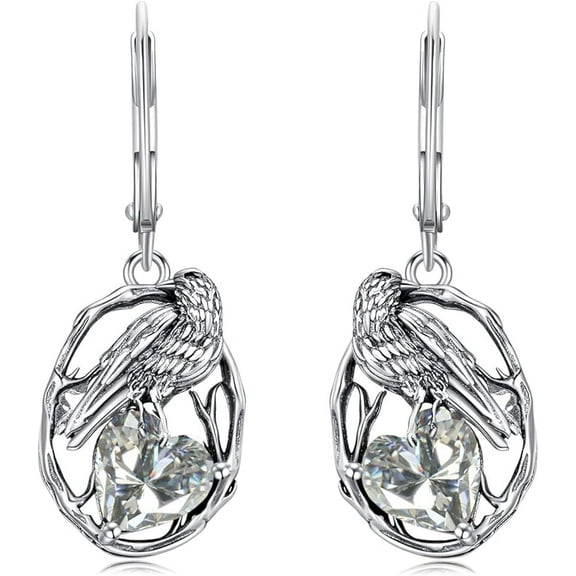 DVEATR Crow Earrings for Women 925 Sterling Silver Raven with Heart Cut Birthstone Drop Dangle Earrings for Mother's Day Gifts
