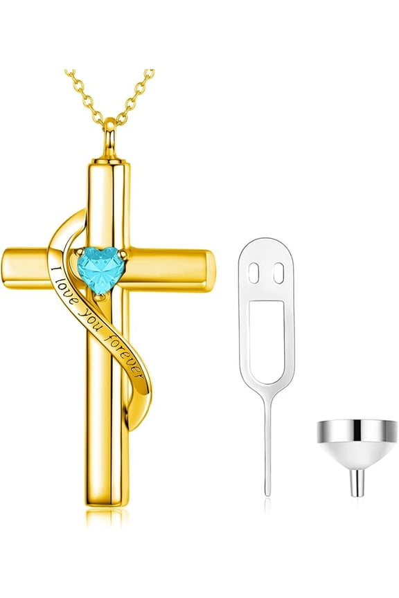 Crystal Cross Necklace for Ashes, Sterling Silver I Love You Forever Birthstone Cross Urn Necklaces for Ashes Keepsake Cremation Jewelry for Pet Human Ashes