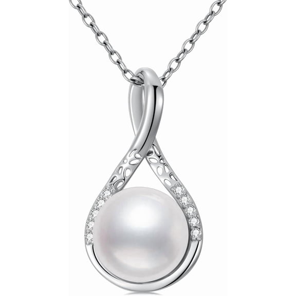 DVEATR Dainty Infinity Round Pearl Pendant Necklace, 925 Sterling Silver Minimalist Black Pearl Necklace for Women, Birthday Valentine's Day Gift, with 18+2inch Chain