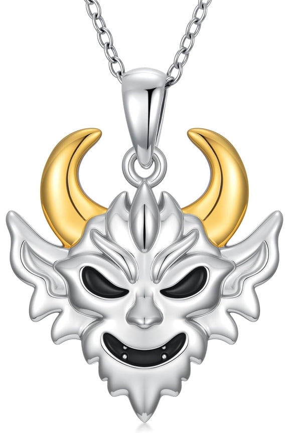 Demon Necklace for Women Halloween Gothic Prajna Mask Necklace Sterling Silver Evil Demon Ghost Horn Skull Pendant