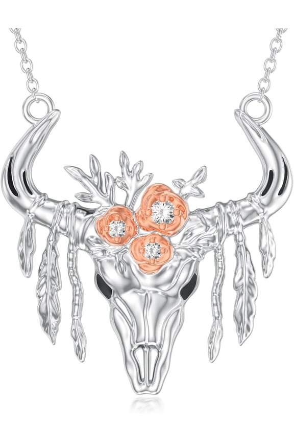 Diamond Cow Skull Pendant Necklace for Women 925 Sterling Silver Lab Grown Diamond Western Jewelry Gifts 0.06 cttw D Color VVS Clarity
