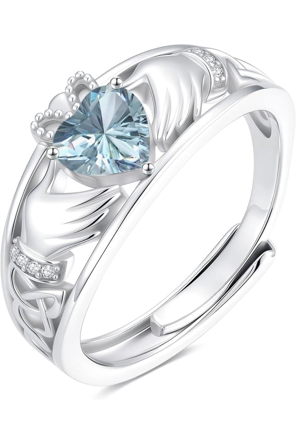 Diamond and Gemstone Claddagh Ring for Women 925 Sterling Silver Celtic Knot Heart Birthstone Rings Irish Engagement Wedding Promise Band, Adjustable Size 7