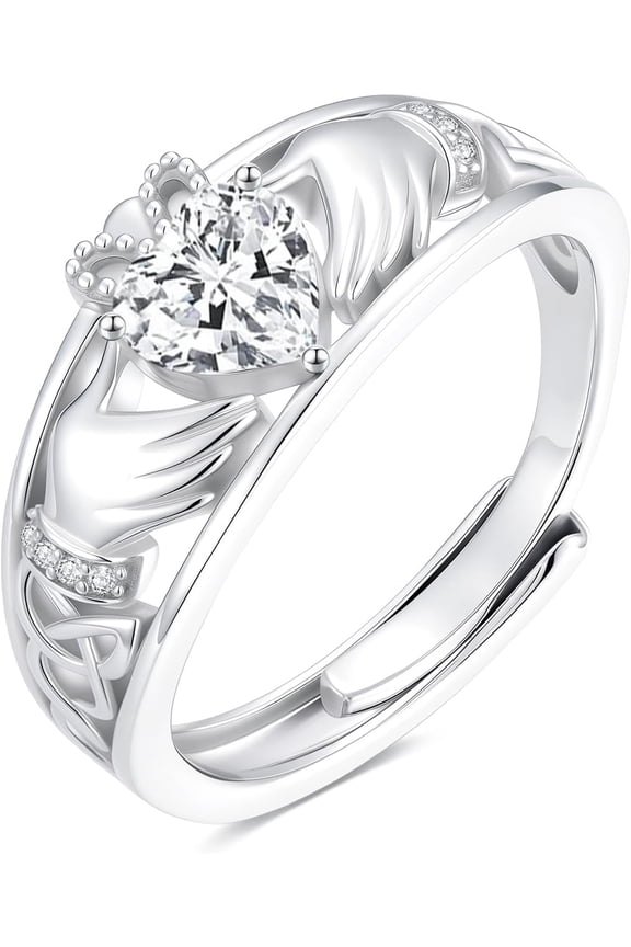 Diamond and Gemstone Claddagh Ring for Women 925 Sterling Silver Celtic Knot Heart Birthstone Rings Irish Engagement Wedding Promise Band, Adjustable Size 7