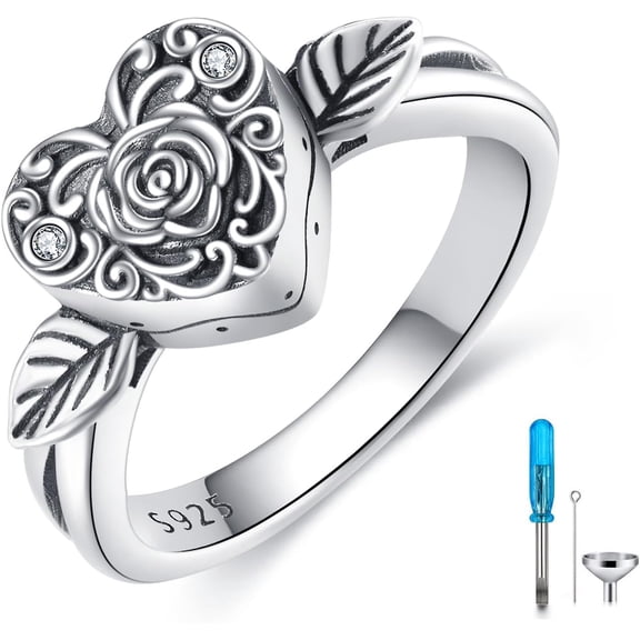 DVEATR Diamond Rose Flower Cremation Urn Ring for Women 925 Sterling Silver Vintage Leaf Vine Memorial Rings Keepsake Jewelry with Filling Tool for Animal Human Ashes