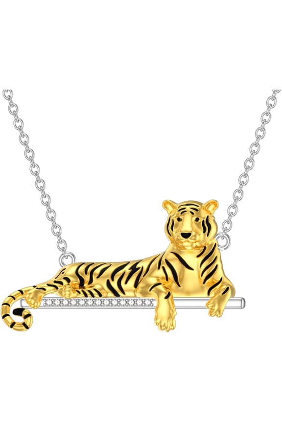 Diamond Tiger Necklace 925 Sterling Silver 18K Gold Plated Tiger Bar Pendant King Animal Jewelry for Women