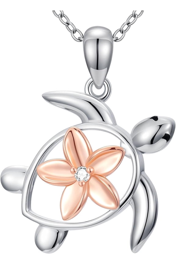 Diamond Turtle Necklace for Women 925 Sterling Silver Turtle and Plumeria Pendant Necklace Summer Beach Ocean Hawaii Jewelry Birthday Mothers Day Gifts for Her