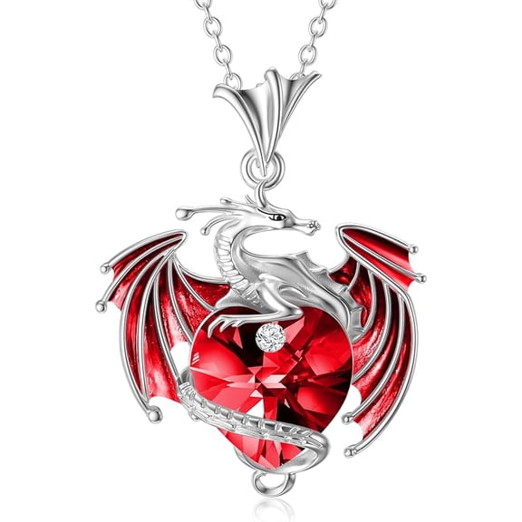DVEATR Dragon Necklace Sterling Silver Birthstone Wyvern Necklace with Heart Shaped Crystal Jewelry Gift for Women