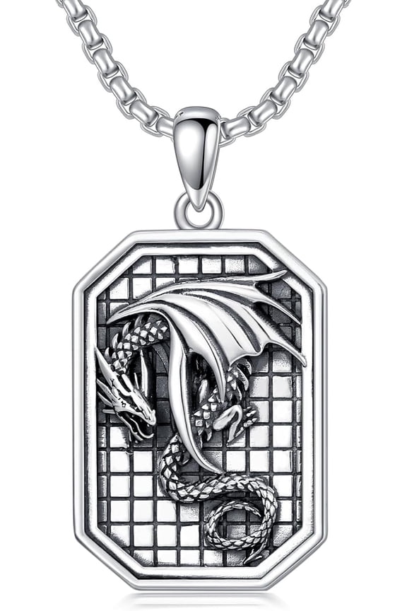 Dragon Necklace for Men 925 Sterling Silver Square Dragon Pendant Jewelry Gift