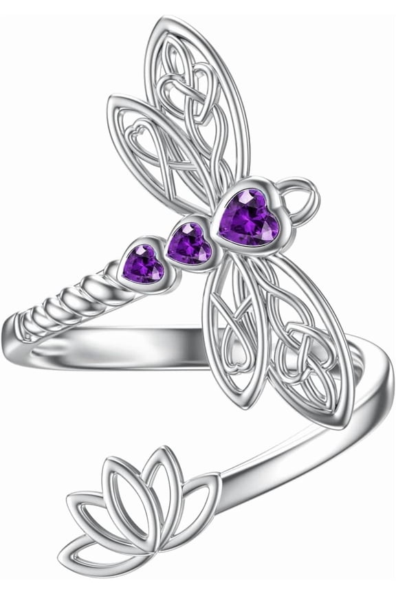 Dragonfly Lotus Heart Celtic 925 Sterling Silver Adjustable Ring Birthstone Crystal Jewelry for Women Mother’s Day Birthday Gift for Sister Mom Dragonfly Lovers