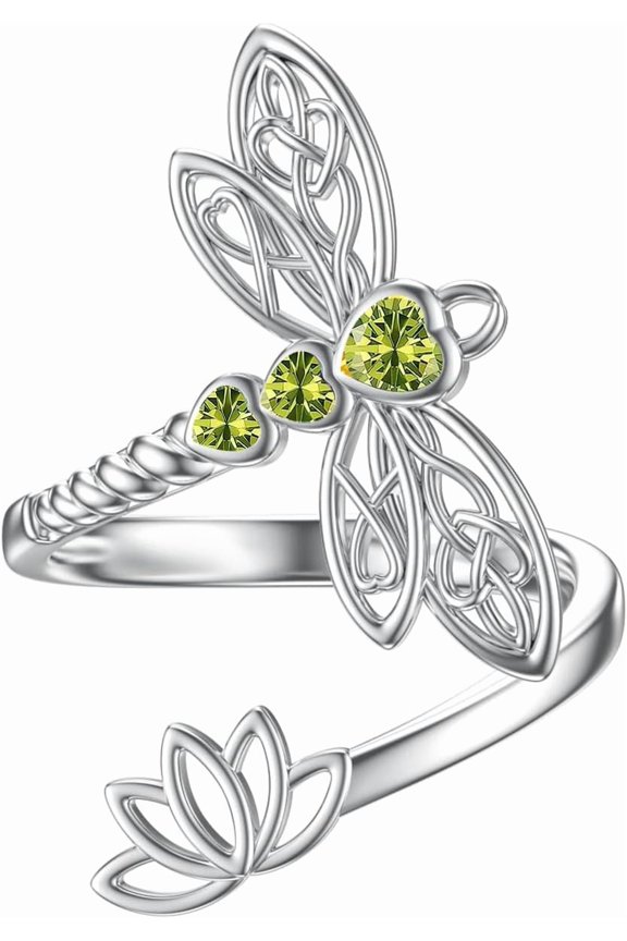 Dragonfly Lotus Heart Celtic 925 Sterling Silver Adjustable Ring Birthstone Crystal Jewelry for Women Mother’s Day Birthday Gift for Sister Mom Dragonfly Lovers