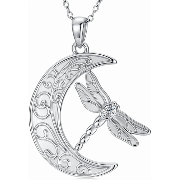 DVEATR Dragonfly Necklace for Women Sterling Silver Dragon Fly Pendant Necklace with Moon Jewelry for Women Gifts